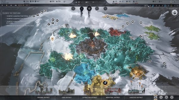 Frostpunk 2 screenshot: A strategic map view shows districts, icy terrain, and resource management icons in a frozen post-apocalyptic world.