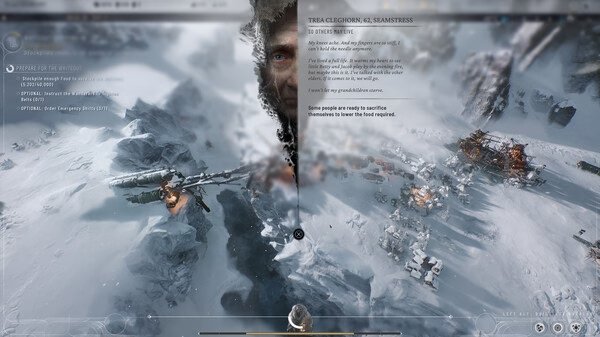 Frostpunk 2 screenshot: A snowy landscape with industrial structures, smoke rising, and text describing a steammaster's decision.
