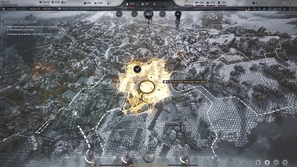 A Frostpunk 2 screenshot showing a snow-covered city with glowing central buildings, surrounded by icy terrain and resource indicators.