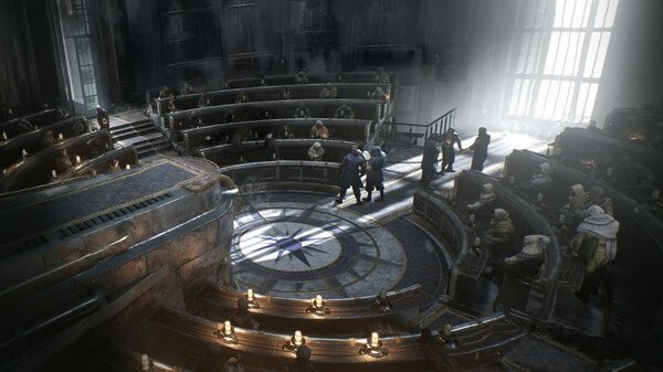 Screenshot from Frostpunk 2 showing a council meeting in a dimly lit circular chamber with people gathered around a central emblem.
