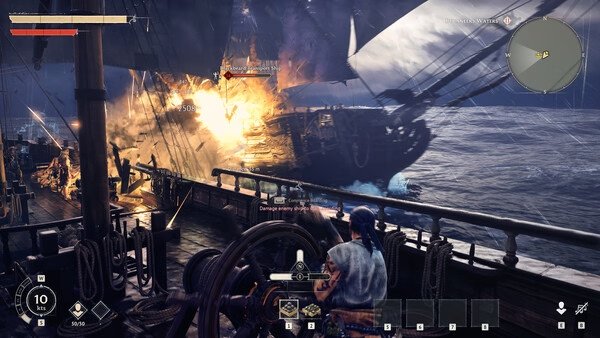 Windrose screenshot: A sailor fires a cannon at an enemy ship engulfed in flames on the open sea during an intense naval battle.