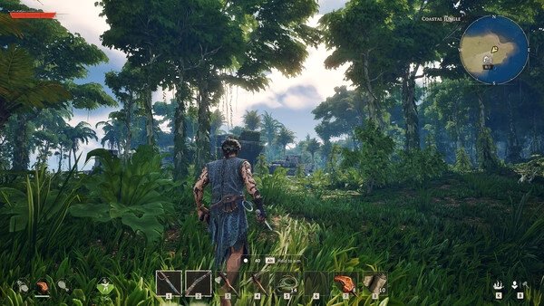 Windrose screenshot: A character explores a lush, green jungle with tools equipped, heading toward ruins under a partly cloudy sky.