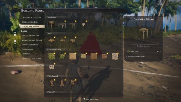 Windrose screenshot showing the building panel menu with various foundation and wall options under "Floors and Walls."