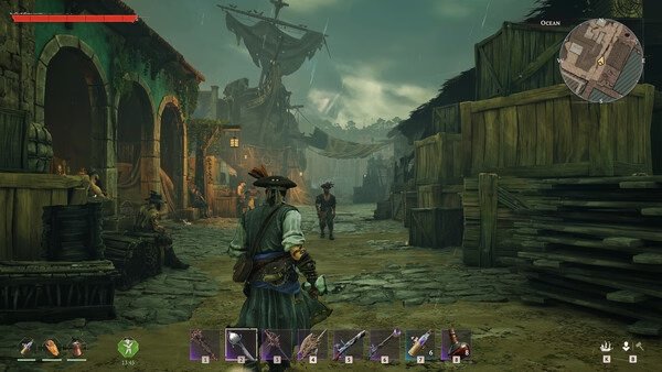 Windrose screenshot: A character in pirate attire stands in a bustling dockside town, surrounded by crates and buildings under a cloudy sky.
