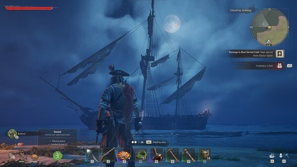 A Windrose screenshot featuring a pirate character onshore, gazing at a moonlit ship under a cloudy night sky.