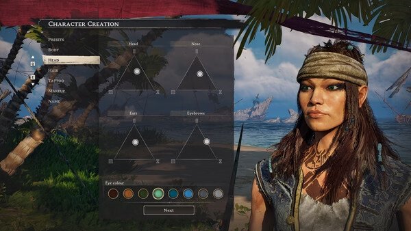 Screenshot from Windrose showing the character creation screen with options for head features and a character standing on a beach.