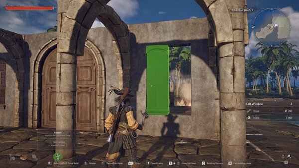 A Windrose screenshot showing a character building a tall green window frame in a coastal jungle setting.