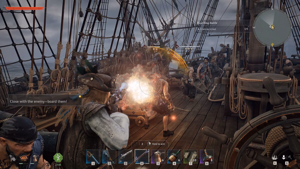 Windrose screenshot: A ship battle scene shows players fighting aboard a wooden vessel with swords, fire effects, and action-packed combat.