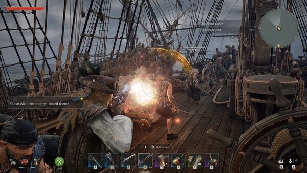 Windrose screenshot: A ship battle scene shows players fighting aboard a wooden vessel with swords, fire effects, and action-packed combat.