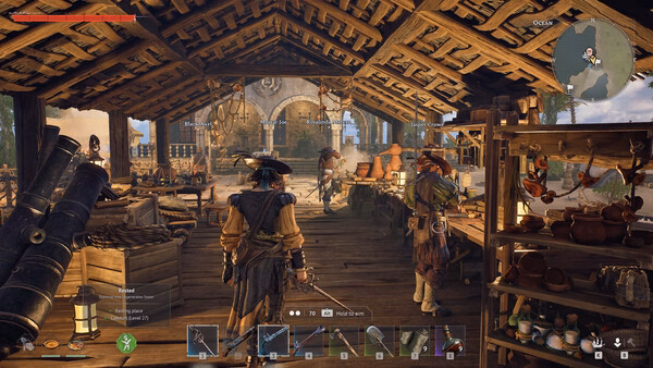 Screenshot from the game Windrose showing a character in a detailed wooden market full of various items and NPCs.
