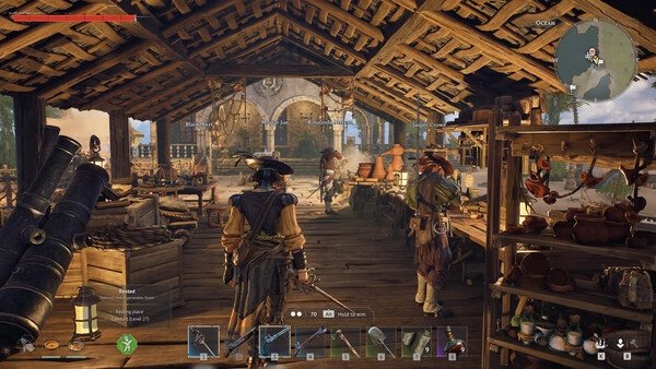 Screenshot from the game Windrose showing a character in a detailed wooden market full of various items and NPCs.