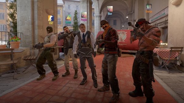 Counter-Strike 2 screenshot: Five players with distinct outfits and weapons stand in a courtyard, ready for action.