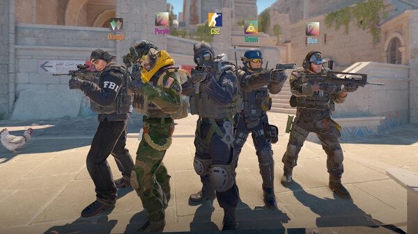 Counter-Strike 2 screenshot: Five armed players in tactical gear stand ready in a sunlit map with team colors shown above their heads.