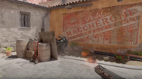 Counter-Strike 2 screenshot: A player takes cover behind barrels and a wooden board, avoiding gunfire in an alleyway.