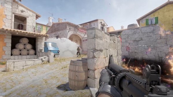 Counter-Strike 2 screenshot: A player holds a rifle behind a stone wall, facing an opponent near a blue van in a rustic setting.