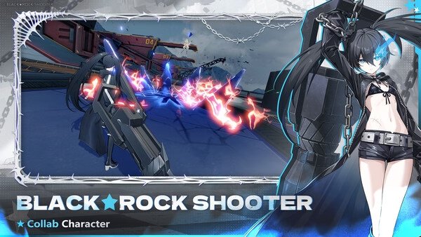 Starward screenshot: A Black Rock Shooter collab character stands near glowing energy blasts in a futuristic battle scene.