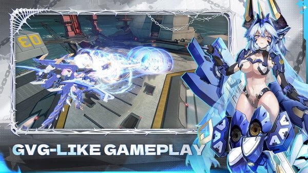 Screenshot from Starward showing a futuristic battle scene with a blue mech firing energy blasts and a character on the right.