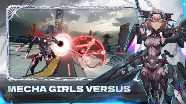 Starward screenshot: A mecha girl in futuristic armor battles with energy weapons on a rooftop, under a cloudy sky.