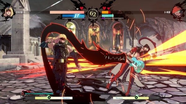Screenshot of GUILTY GEAR -STRIVE- showing two characters, one with a guitar, battling in a ruined arena.