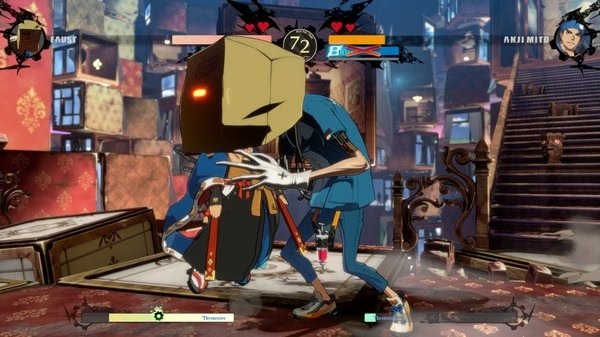 GUILTY GEAR -STRIVE- screenshot: Faust and Anji Mito battle in a vibrant, chaotic stage with health bars and timer visible.