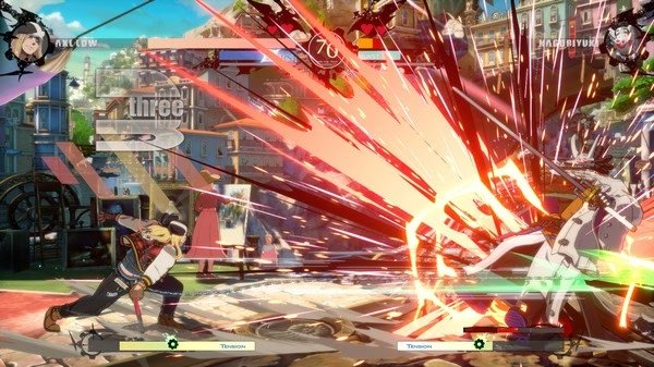 Screenshot of GUILTY GEAR -STRIVE- showing a dynamic battle scene with explosive effects between two characters in a vibrant arena.