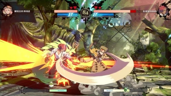 GUILTY GEAR -STRIVE- screenshot: Millia Rage battles Giovanna in a vibrant, dynamic forest arena, with special effects visible.