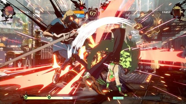 Screenshot of GUILTY GEAR -STRIVE- showing two characters in combat, surrounded by dynamic action effects and health bars.