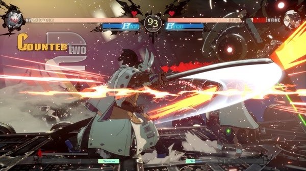 Screenshot from GUILTY GEAR -STRIVE- showing Nagoriyuki battling Baiken with a powerful sword attack.