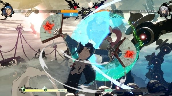 Screenshot from GUILTY GEAR -STRIVE- showing Anji Mito attacking Chipp Zanuff with fans in a dynamic battle scene.