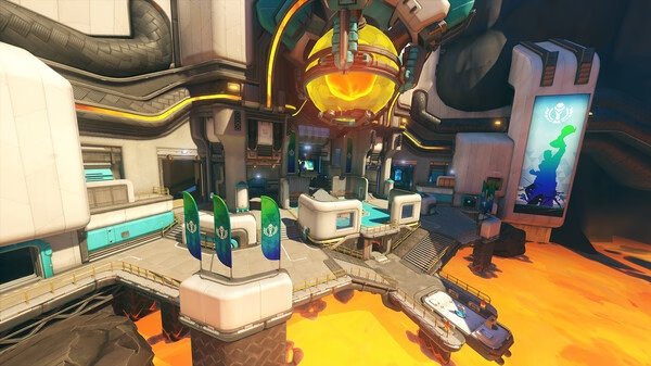 Overwatch® screenshot of a futuristic facility with a large glowing orb and platforms over a pool of lava.