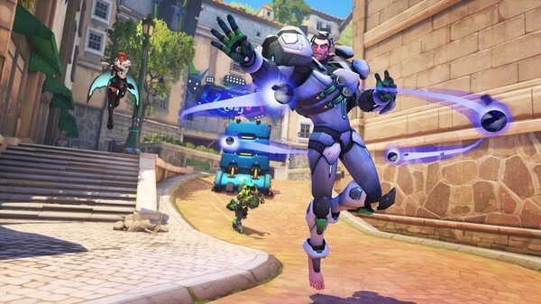 Overwatch® screenshot: Sigma floats mid-air with orbs surrounding him while Moira, Lucio, and a payload appear in the background.
