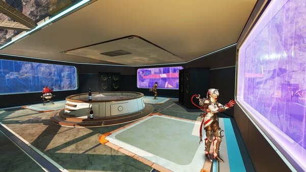 Screenshot from Apex Legends™ showing characters inside a futuristic room with large windows and a central gaming table.