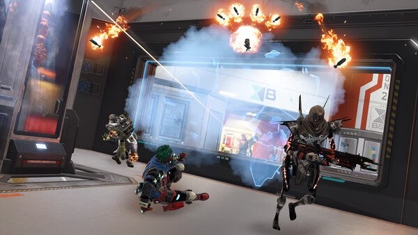 Apex Legends™ screenshot: Three characters in a heated battle inside a futuristic facility, with explosions and weapons firing.