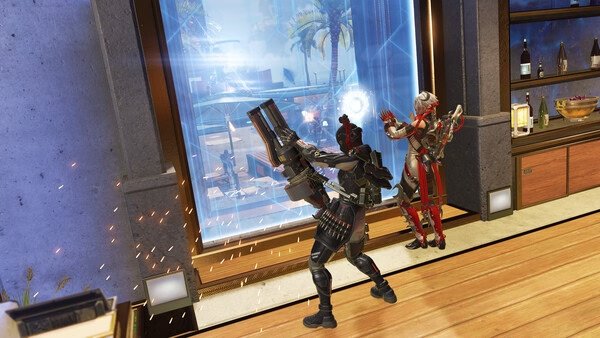 Apex Legends™ screenshot: Two characters shoot through a window with sparks flying, amidst a modern interior setting.