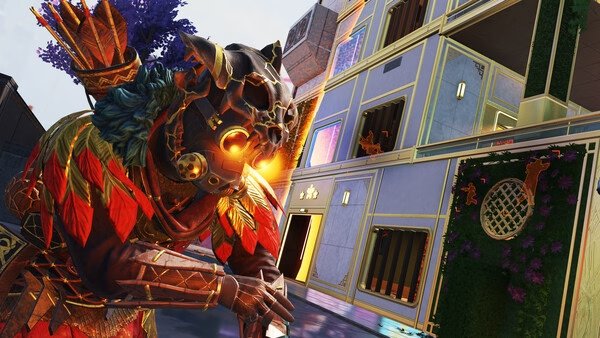 Apex Legends™ screenshot showing a character in vibrant armor near a building with open windows and intricate wall designs.