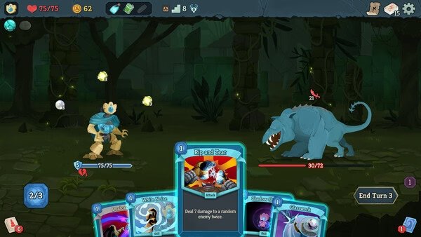 Slay the Spire 2 screenshot: A player battles a monster using cards like Rip and Tear in a dark forest setting. Turn 3 is active.