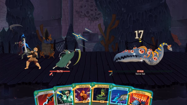 Slay the Spire 2 screenshot: A battle scene shows two characters fighting a Terror Eel on a dark platform, with cards displayed below.