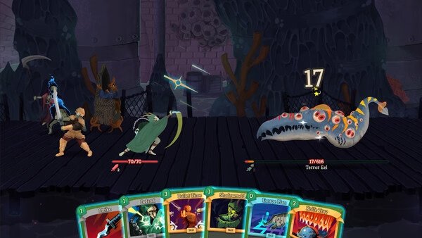 Slay the Spire 2 screenshot: A battle scene shows two characters fighting a Terror Eel on a dark platform, with cards displayed below.