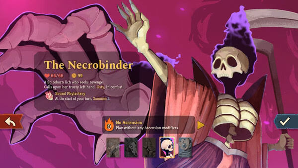 Screenshot from Slay the Spire 2 showing The Necrobinder, a skeleton enemy with a scythe and stats displayed on the left.