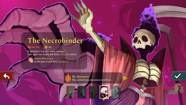 Screenshot from Slay the Spire 2 showing The Necrobinder, a skeleton enemy with a scythe and stats displayed on the left.