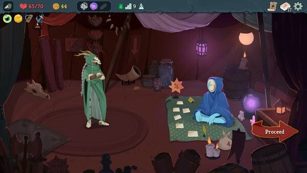 A "Slay the Spire 2" screenshot showing a character in a cloak facing a seated blue-robed figure in a dimly lit room.