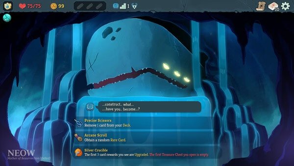 Screenshot from Slay the Spire 2 showing Neow, a large creature with glowing eyes, offering rewards and dialogue options.