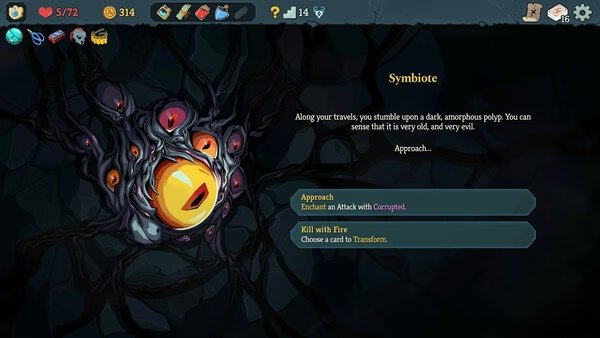 Screenshot from Slay the Spire 2 showing a player encountering a Symbiote with choices to "Approach" or "Kill with Fire".