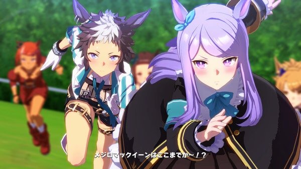 Screenshot from ウマ娘 プリティーダービー showing characters with horse ears racing on a green field.