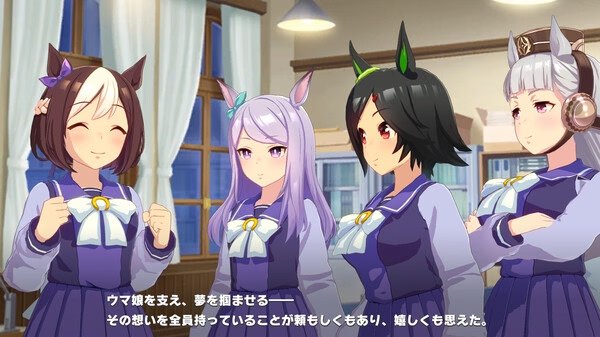 Screenshot from ウマ娘 プリティーダービー showing four characters in school uniforms talking in a classroom setting.