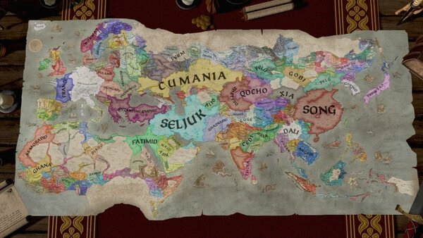 Crusader Kings III screenshot: A detailed map displaying various kingdoms and territories, including Cumania, Seljuk, and Song.