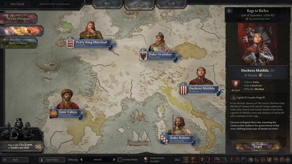 Crusader Kings III screenshot: A map with rulers, including Duchess Matilda, highlighting characters and their territories in medieval Europe.