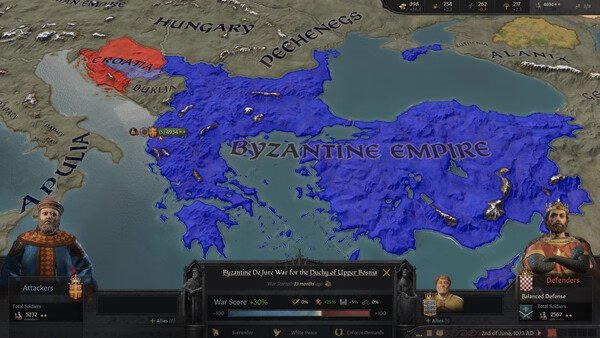 Crusader Kings III screenshot: Map showing the Byzantine Empire in blue and Croatia in red, with war details at the bottom.