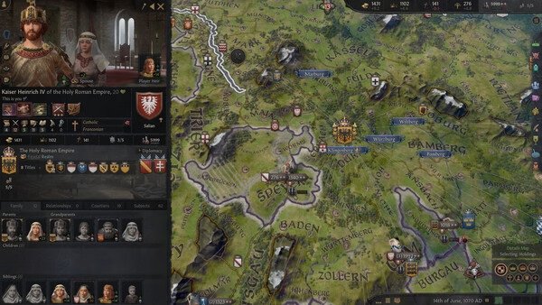 Crusader Kings III screenshot showing a detailed map of the Holy Roman Empire with a character profile of Kaiser Heinrich IV.