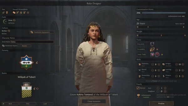 Crusader Kings III screenshot: Ruler Designer interface showing Count Kahina Terminel of the Wilayah of Tahert with customization options.